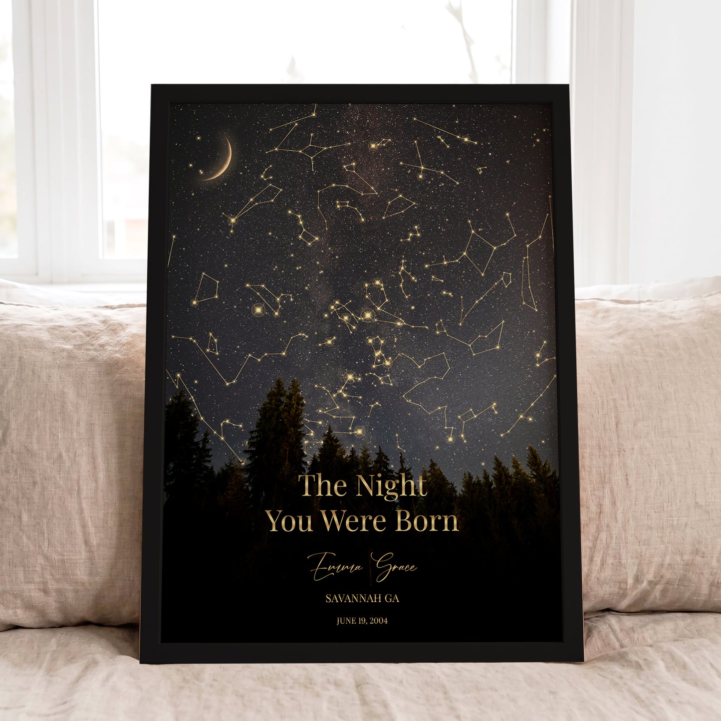 Personalized star map in a black frame featuring the night sky from a meaningful date with custom name and location.