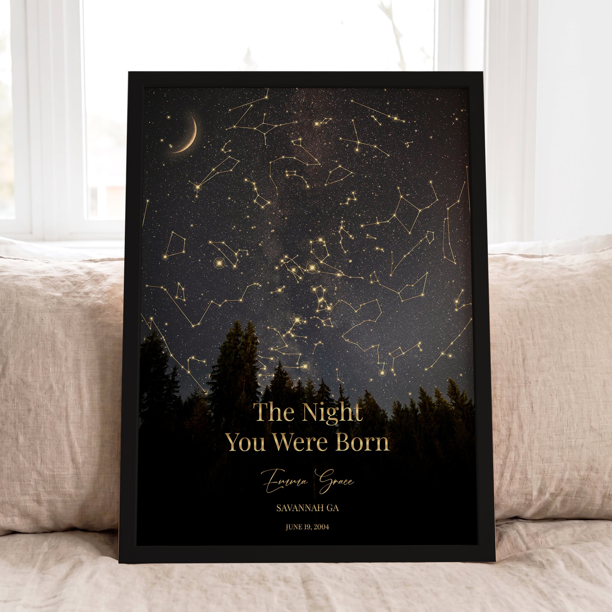 Personalized star map in a black frame featuring the night sky from a meaningful date with custom name and location.