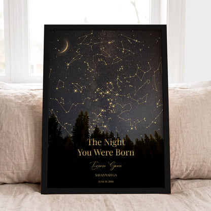 Personalized star map in a black frame featuring the night sky from a meaningful date with custom name and location.
