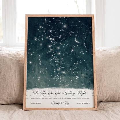 Personalized Wedding Star Map showing the night sky on your wedding day