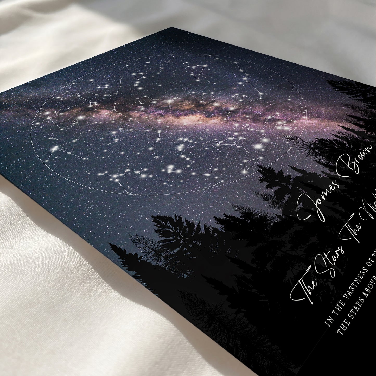 Close-up of a personalized round celestial star map featuring accurate constellations and elegant typography.