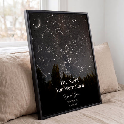 Personalized night sky print in a black frame displaying the stars from a special moment with custom text.