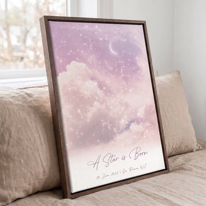 Personalized star map wall art displayed in a brown frame with dreamy cloudy sky background.