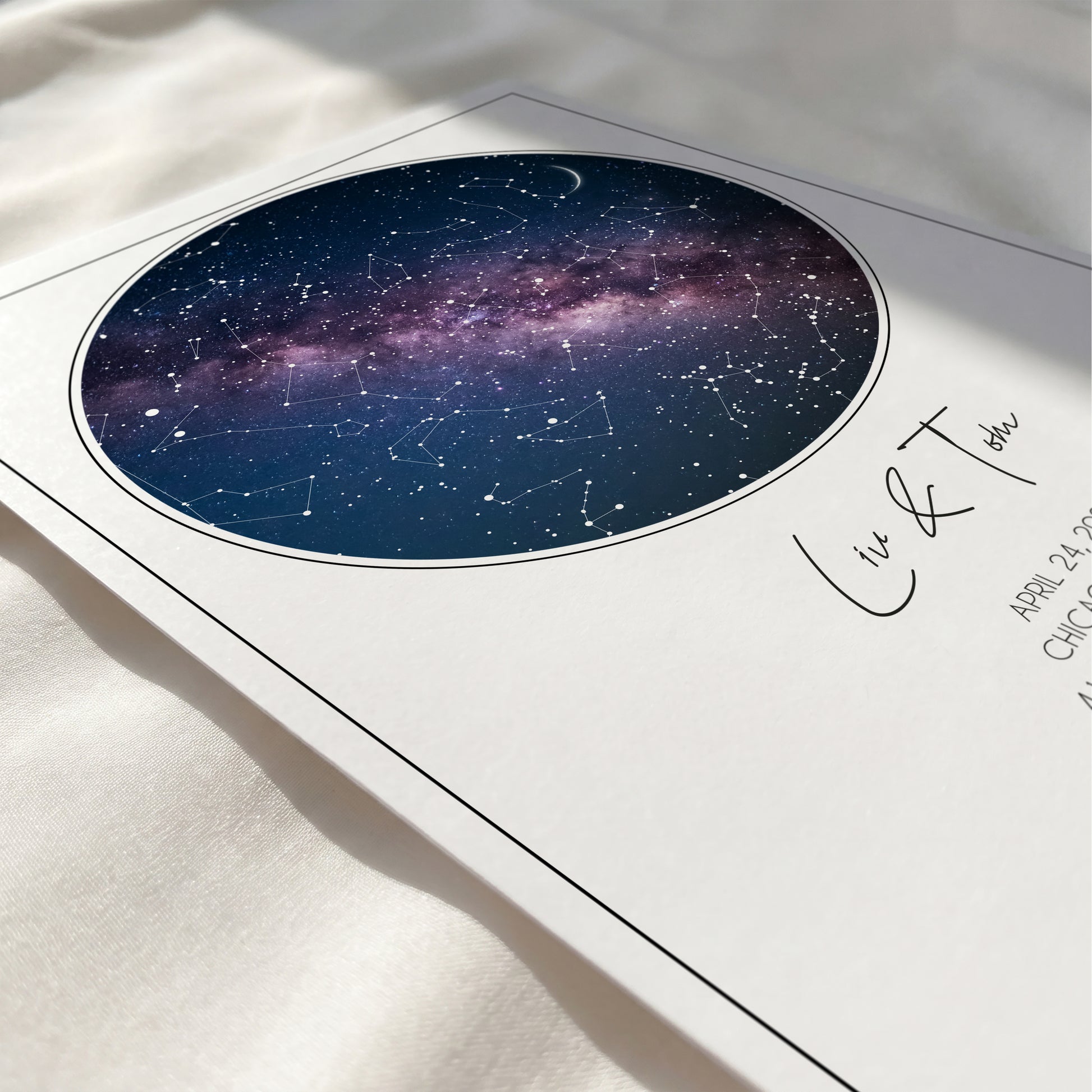 Close-up of a personalized night sky print featuring the Milky Way and authentic constellation details.