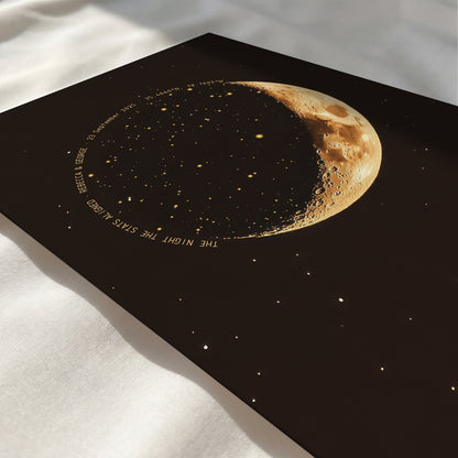 Close-up view of a custom celestial map with detailed moon phase stars and constellations