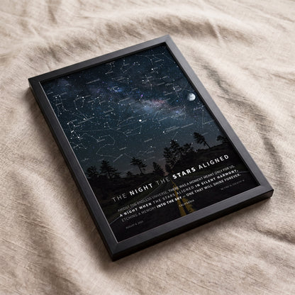 Framed custom Milky Way star map featuring a mountain landscape and personalized night sky from any date and location.