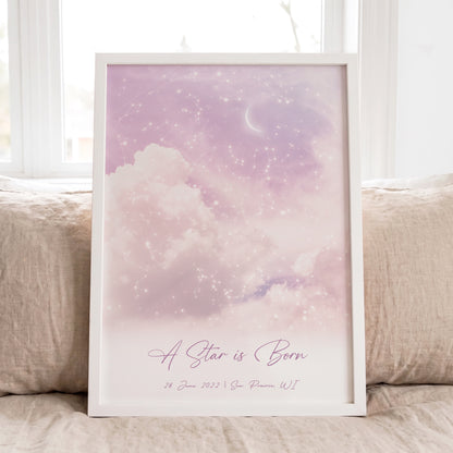 Personalized cloudy star map print in a white frame featuring the real night sky from a special date and location.