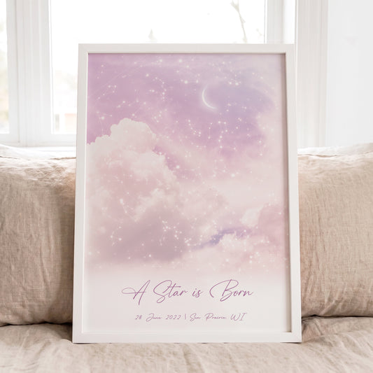 Personalized cloudy star map print in a white frame featuring the real night sky from a special date and location.