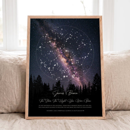 Personalized Round Star Map print in a natural oak frame displayed on a neutral linen sofa.
