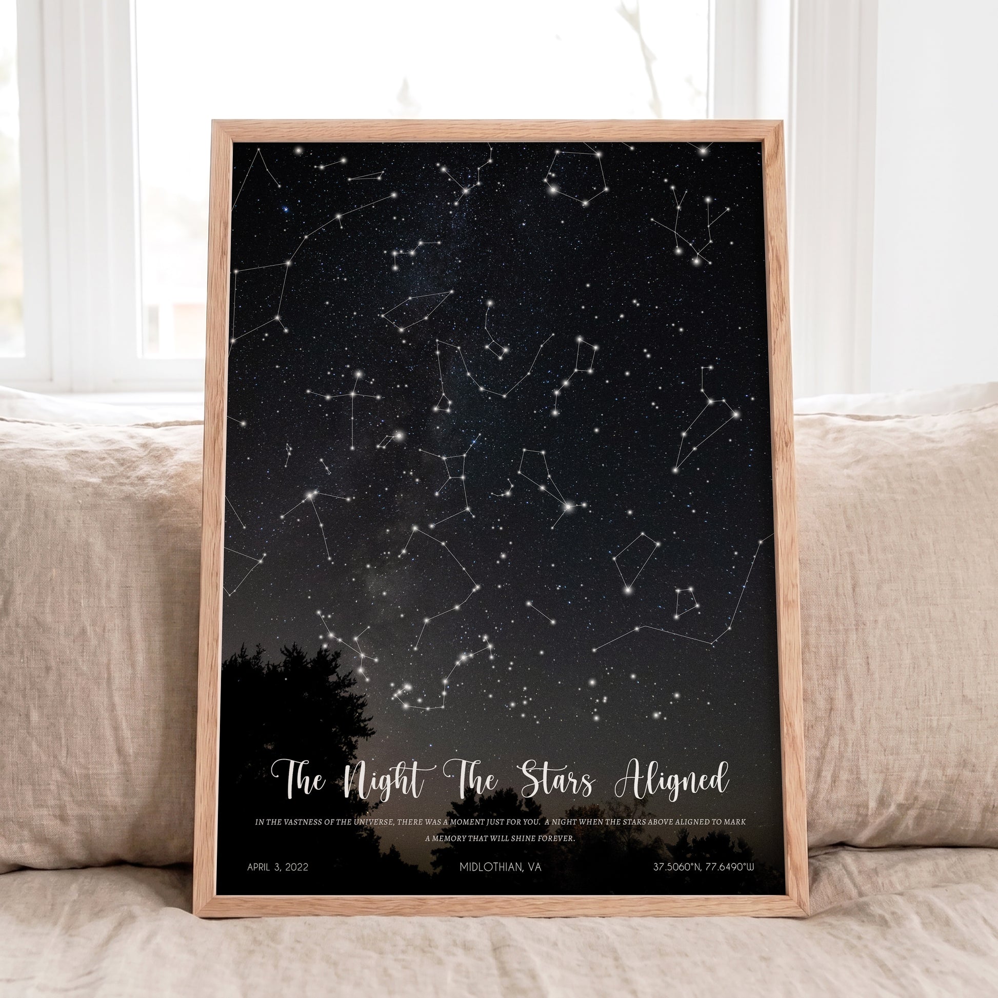 Personalized Wedding Star Map in a natural oak frame featuring real astronomical data.