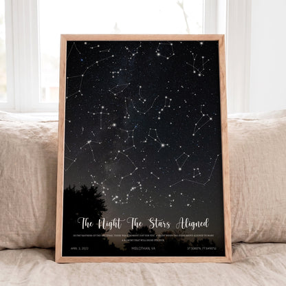Personalized Wedding Star Map in a natural oak frame featuring real astronomical data.