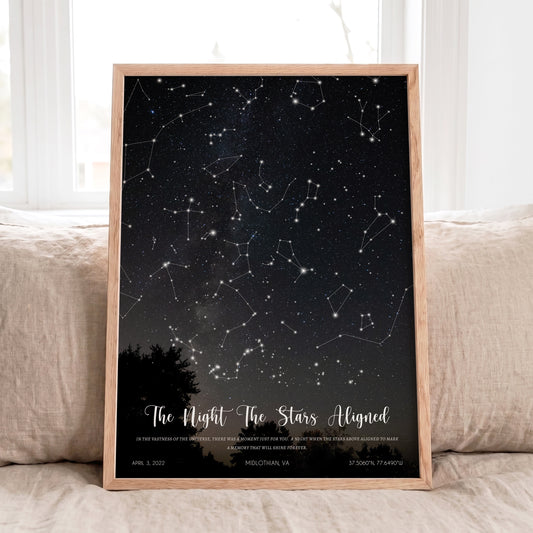 Personalized Wedding Star Map in a natural oak frame featuring real astronomical data.