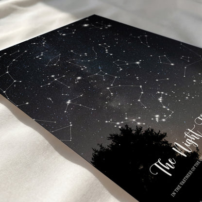 Close-up of a personalized Wedding Star Map printed with detailed constellations and a premium matte finish.