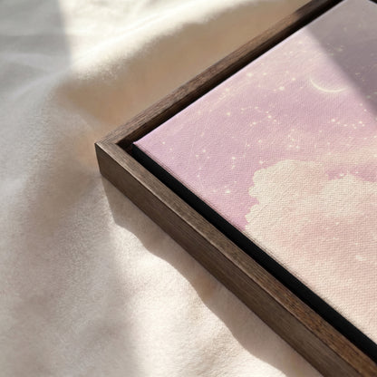 Close-up of the Walnut floating framed canvas showing the premium canvas edge.