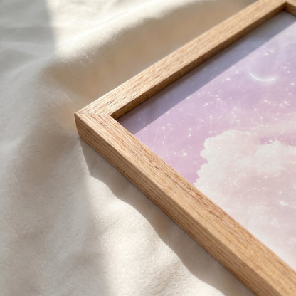 Close-up of the Red Oak framed print corner showing the natural wood grain.