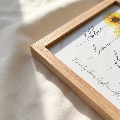 Red oak natural wood frame corner detail for custom family flower print