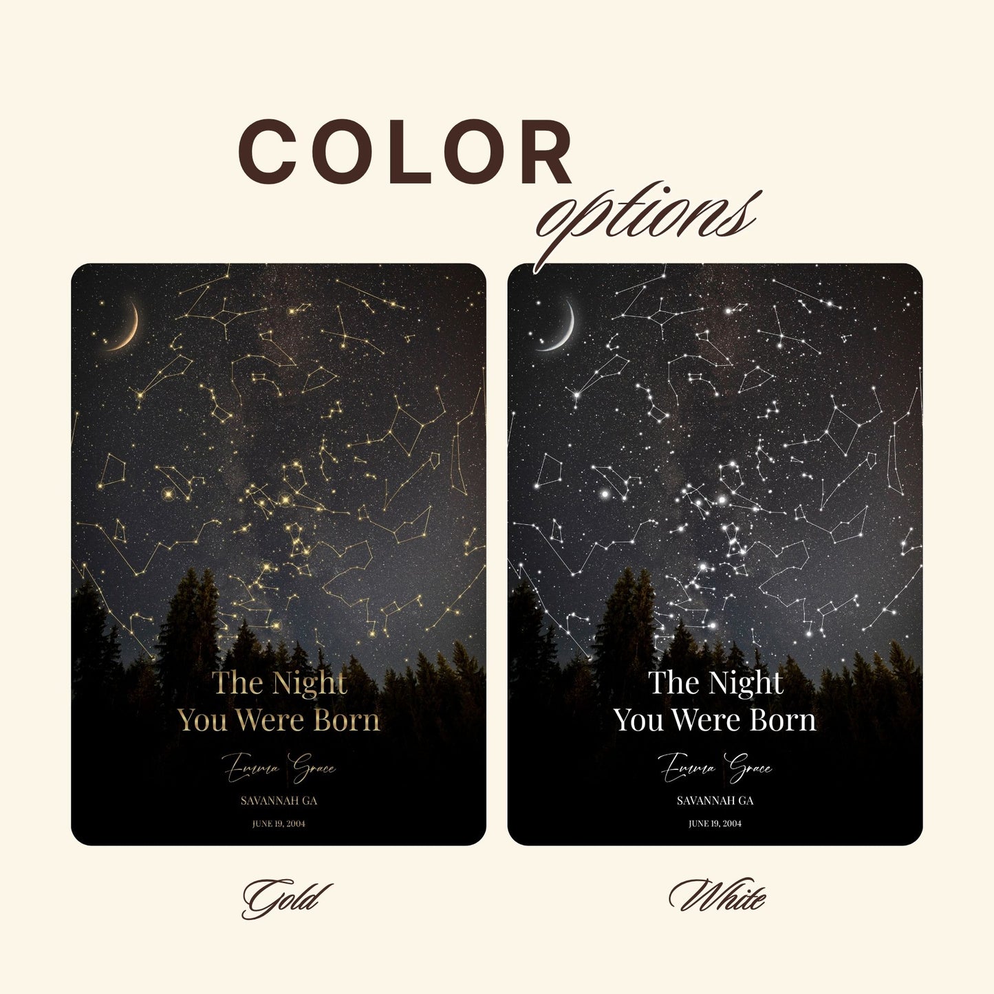 Gold and silver color options available for personalized star map prints.