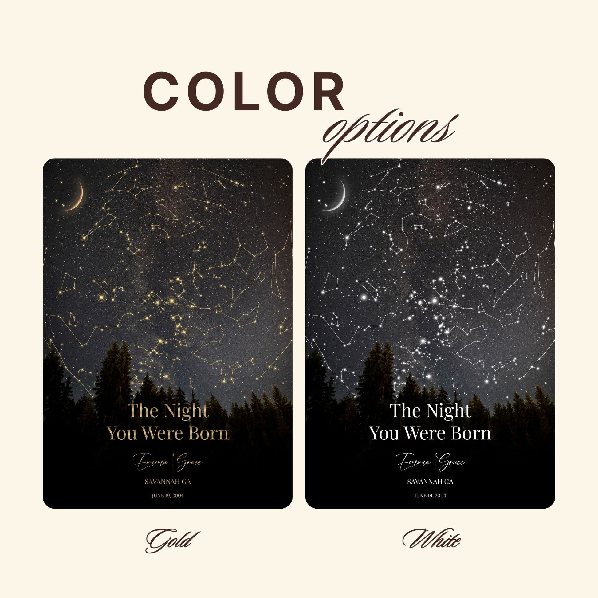 Gold and silver color options available for personalized star map prints.