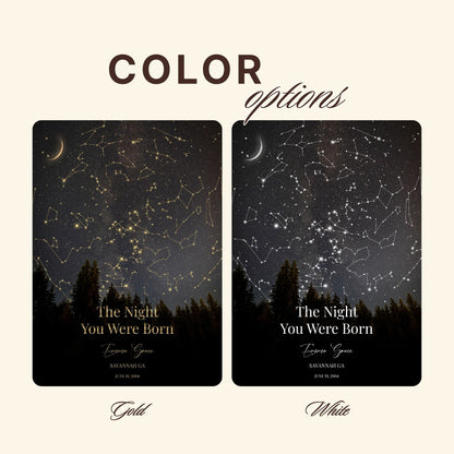 Gold and silver color options available for personalized star map prints.
