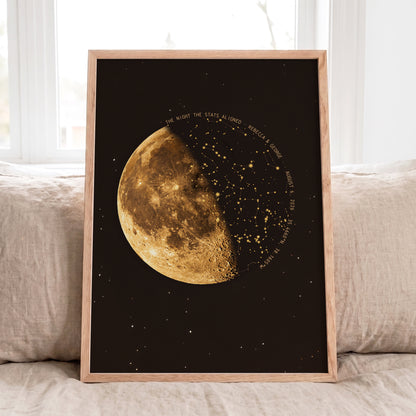 Personalized moon phase and star map displayed in a natural oak frame on a bed
