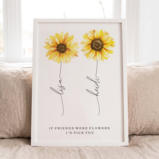 Personalized 2 or 3 name sunflower bouquet wall art print in white wooden frame
