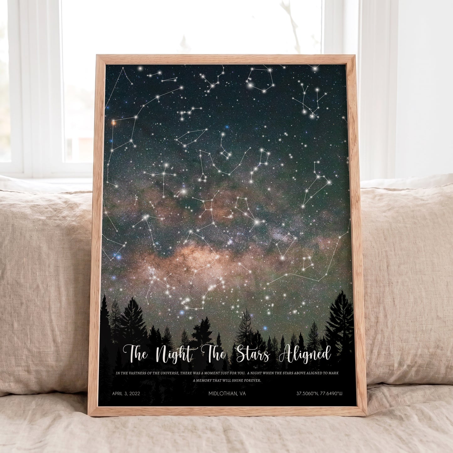 Personalized Milky Way star map wall art in natural oak frame featuring the exact night sky, custom constellations, date and location.
