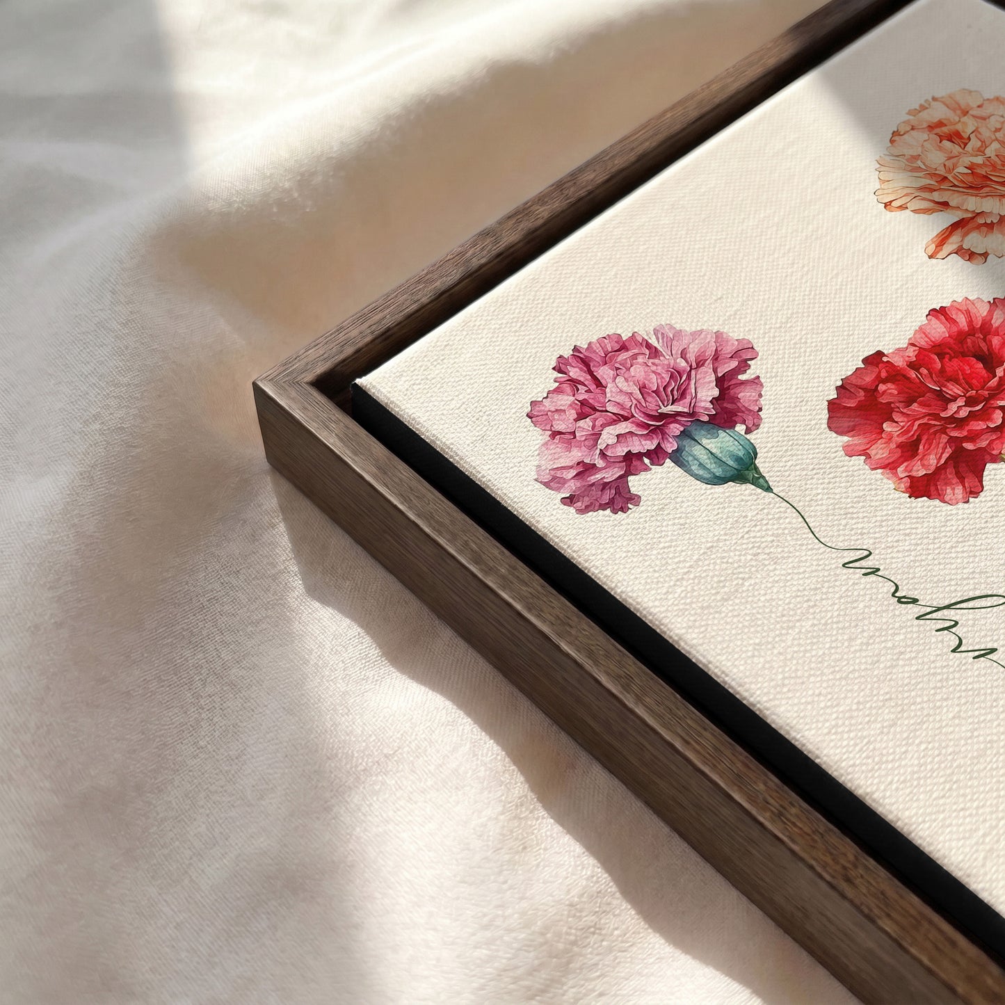 Brown walnut floating frame canvas detail for personalized carnation mom gift