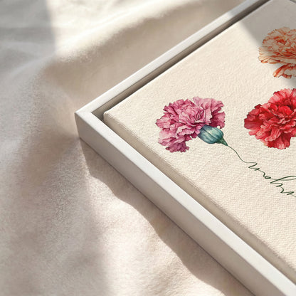 White floating frame canvas detail for custom carnation flower bouquet print