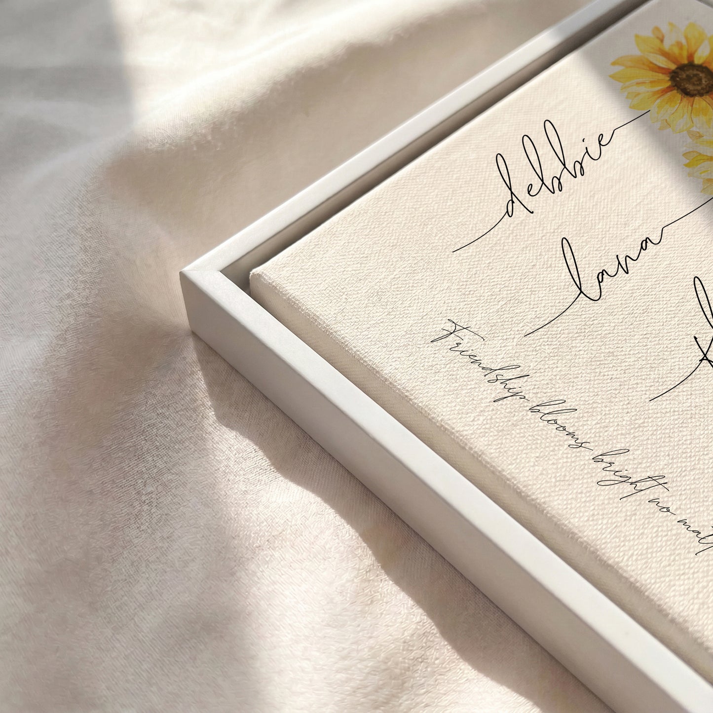 White floating frame canvas detail for custom birth flower bouquet wall art