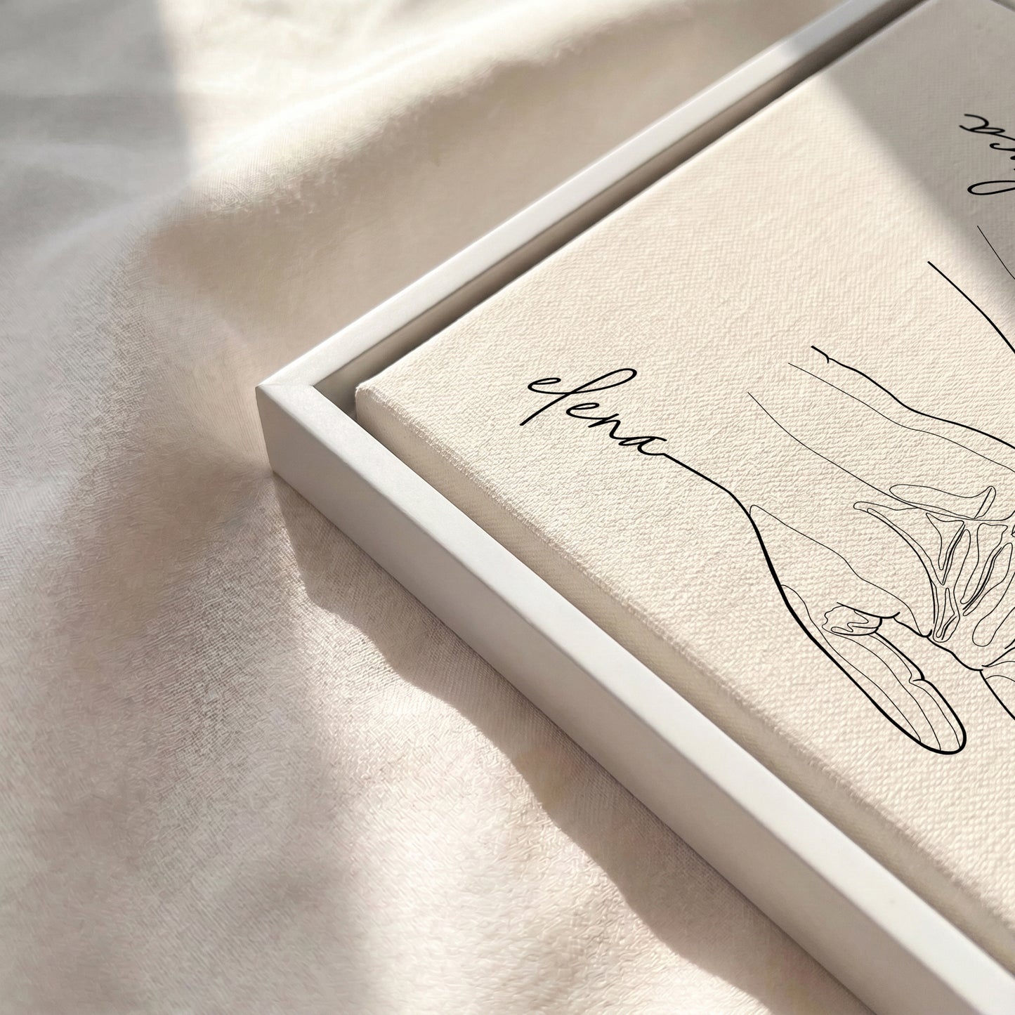 Close-up of the White floating framed canvas.