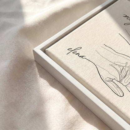 Close-up of the White floating framed canvas.