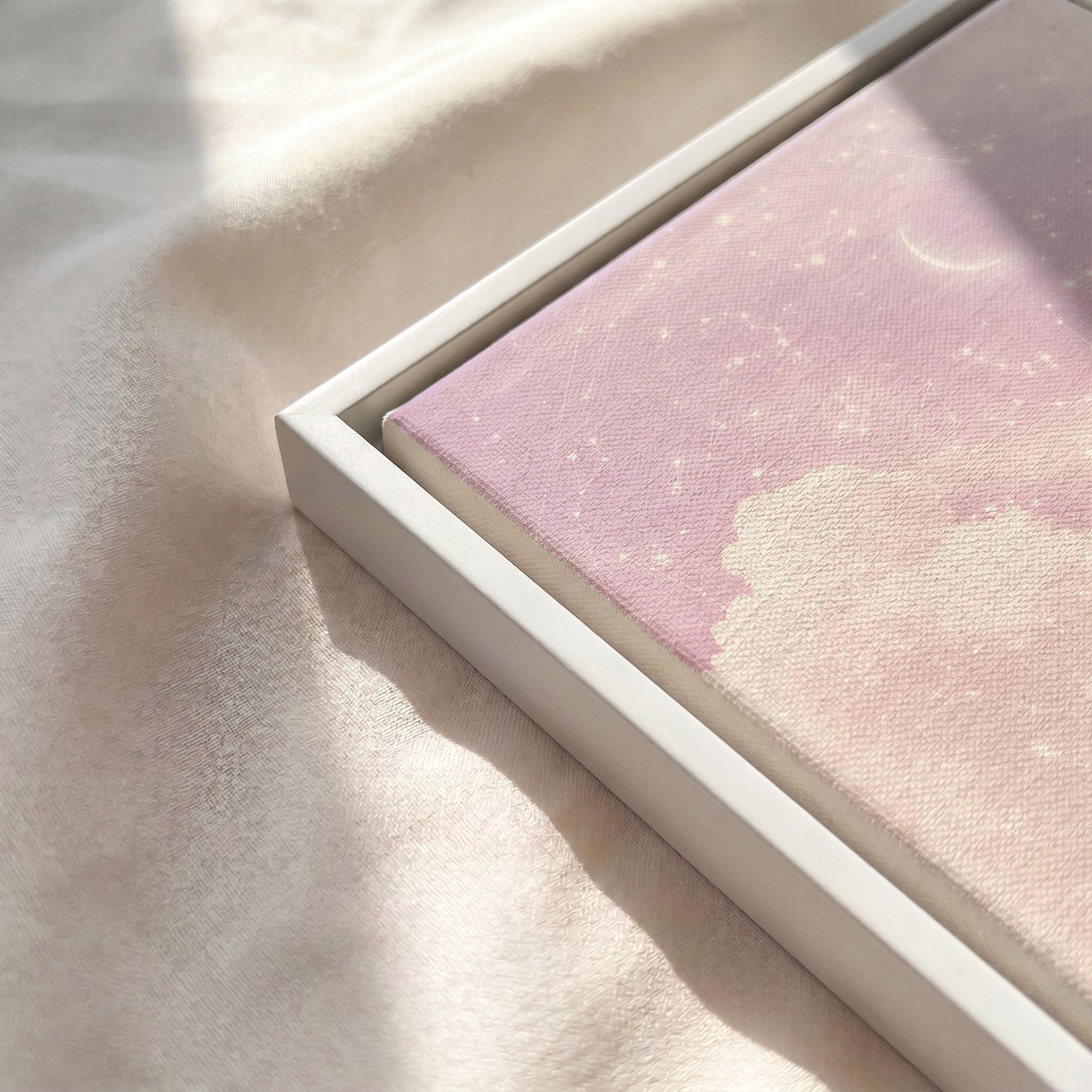 Close-up of the White floating framed canvas with gallery-wrapped canvas texture.