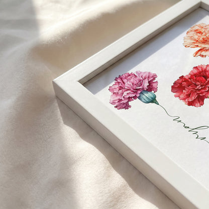 White wooden frame corner detail for custom carnation flower print for mom