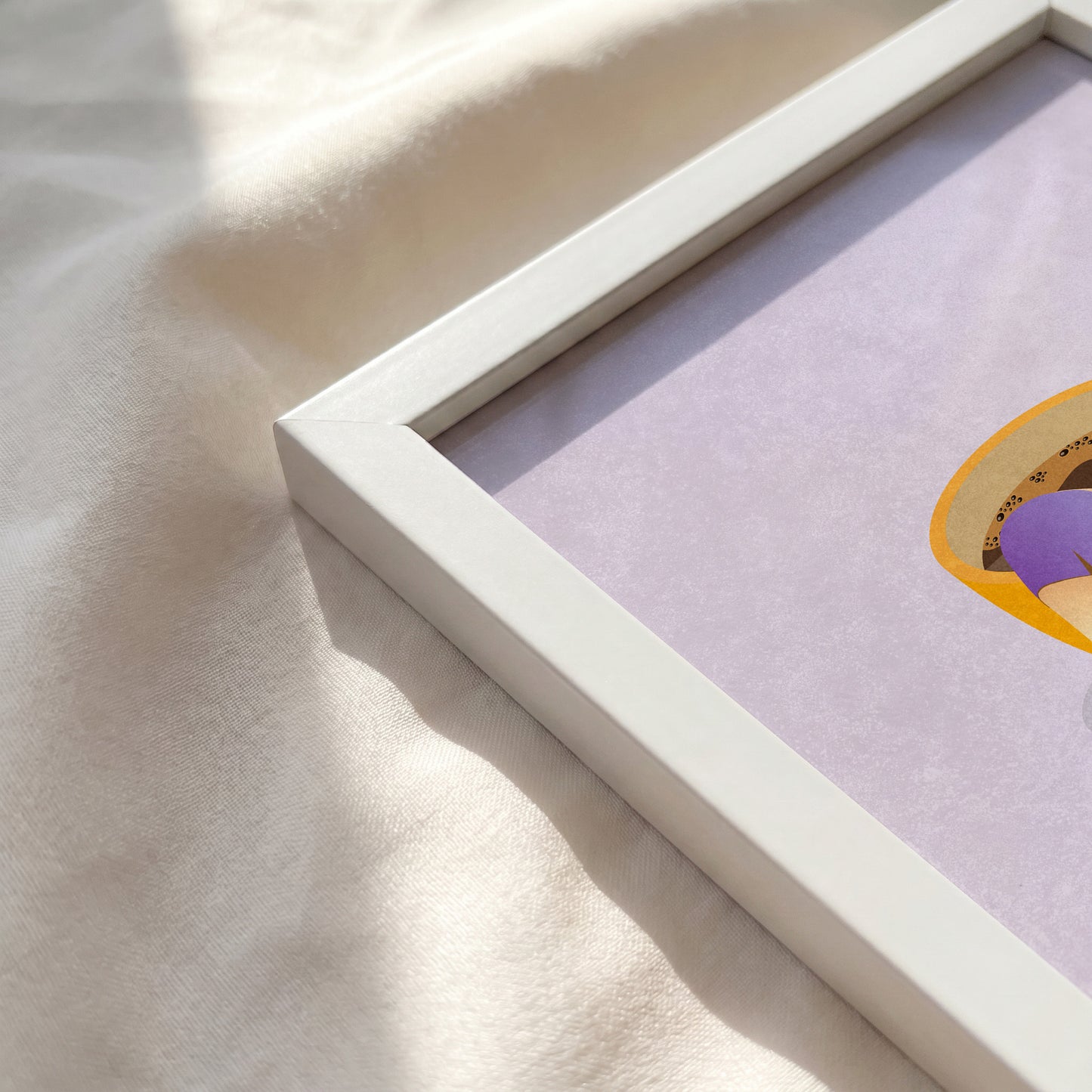 White wooden frame corner detail for surreal coffee mug girl print