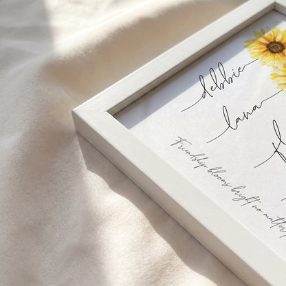 White wooden frame corner detail for personalized flower bouquet art